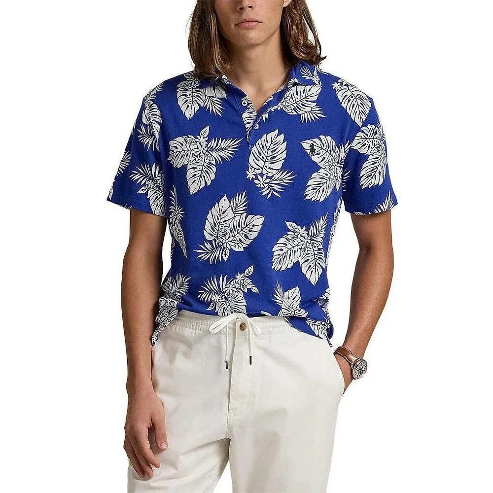 NWT Polo Ralph Lauren Tropical Spa Terry Medium Mens Blue Polo Shirt Monstera